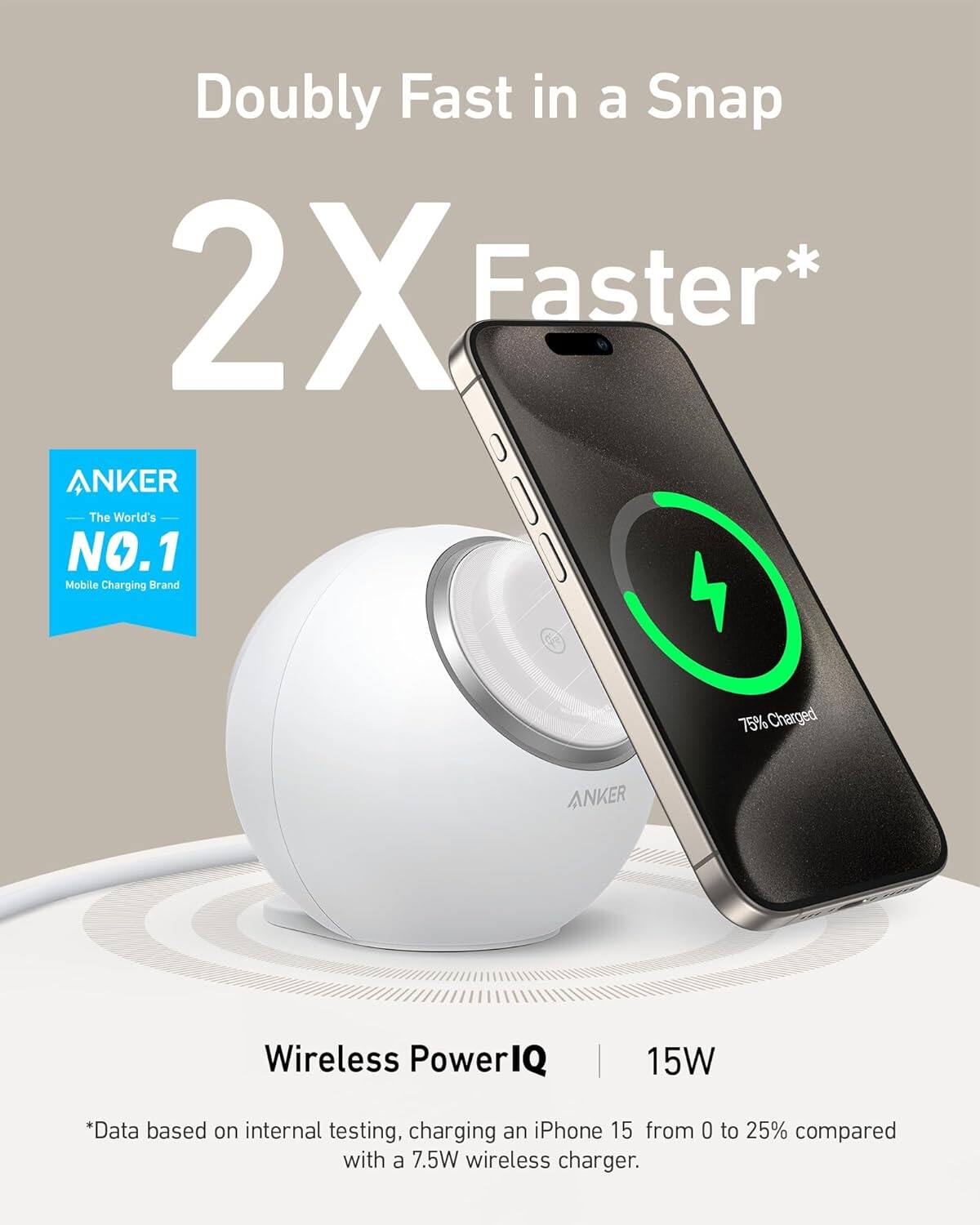 Doubly Fast in a Snap  
2X Faster*  

ANKER  
The World's NO.1 Mobile Charging Brand  

Wireless PowerIQ | 15W  

*Data based on internal testing, charging an iPhone 15 from 0 to 25% compared with a 7.5W wireless charger.