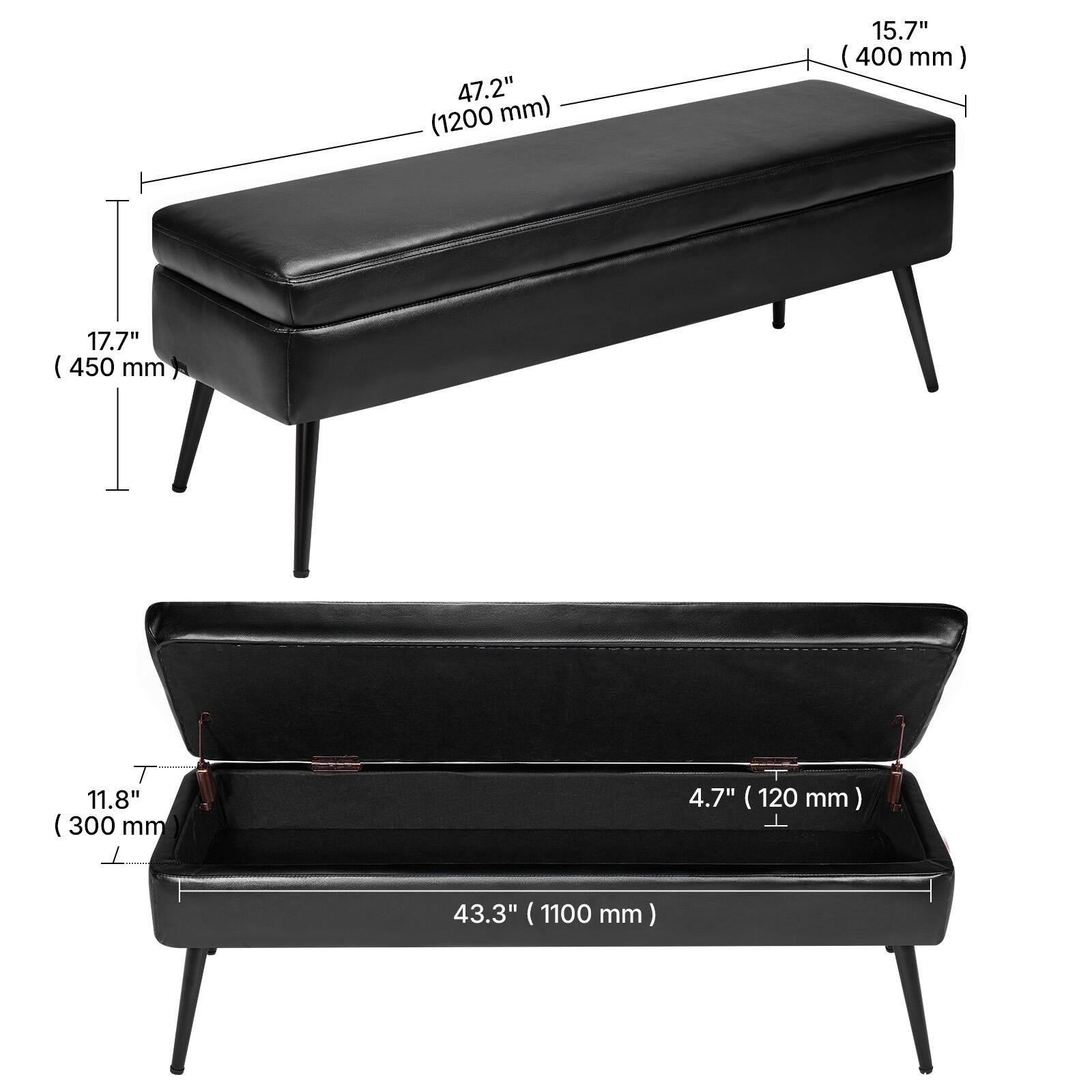 - Length: 47.2" (1200 mm)
- Width: 15.7" (400 mm)
- Height: 17.7" (450 mm)
- Depth: 11.8" (300 mm)
- Interior Depth: 43.3" (1100 mm)
- Interior Height: 4.7" (120 mm)