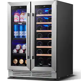 Yeego - 24 inch Dual Zone Wine and Beverage Cooler Wine Fridge 18Bottle + 60Can 36-72°F Built in Glass Door for Home Bar - Stainless Steel