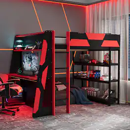 Whisen - Full Size Loft Bed with Gaming Desk, Built-in Shelves, Power Station & LED Lights for Bedroom - Black|Red