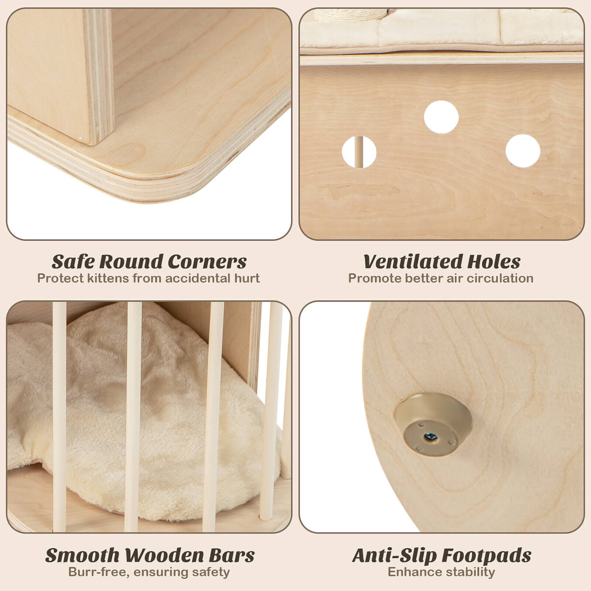 Safe Round Corners  
Protect kittens from accidental hurt  

Ventilated Holes  
Promote better air circulation  

Smooth Wooden Bars  
Burr-free, ensuring safety  

Anti-Slip Footpads  
Enhance stability
