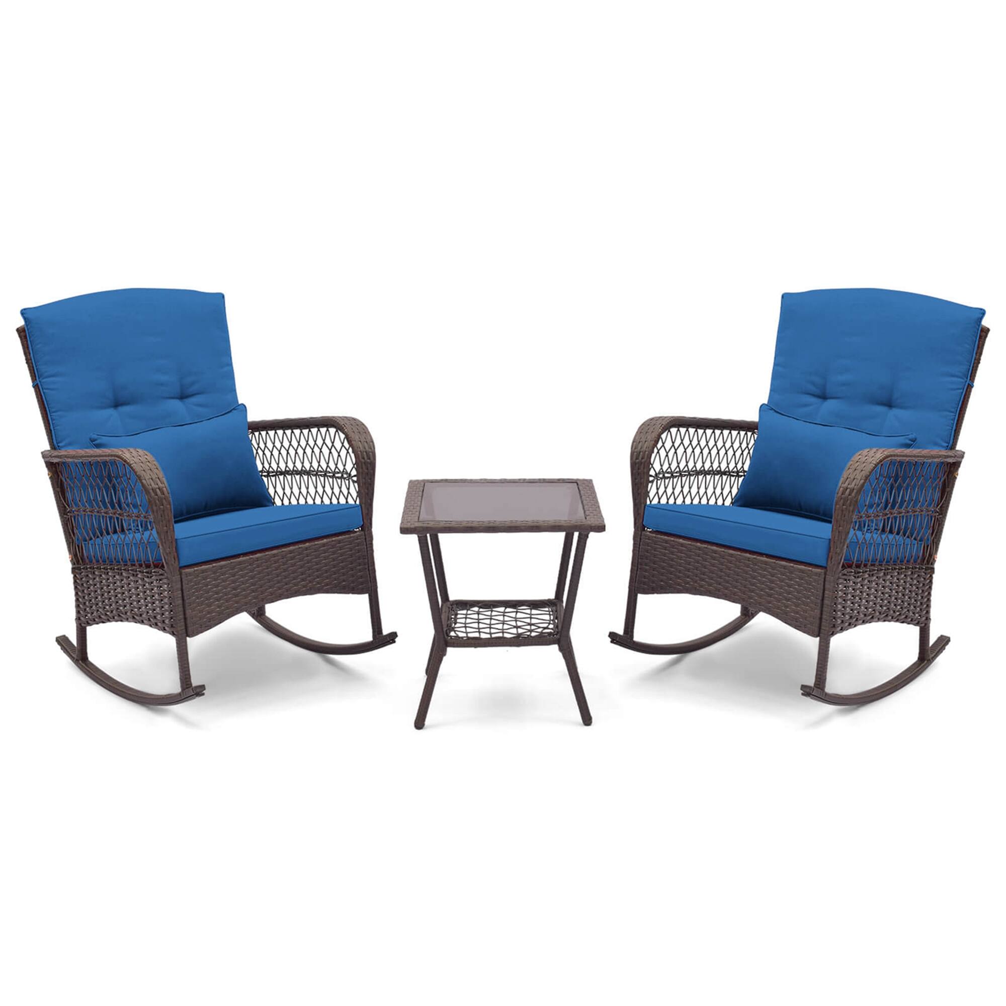 Alt View 9. Costway - 3 PCS Patio Rocker Set Outdoor Wicker Rocking Chairs with Double-Layer Coffee Table - Navy.