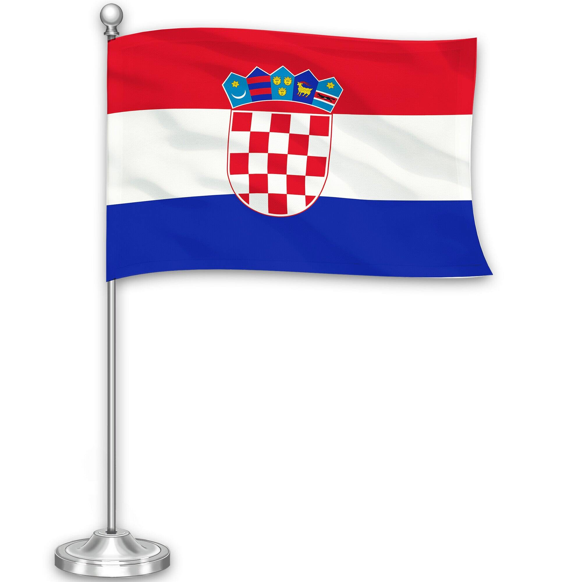 Front. G128 - Croatia Desk Flag Set, 8.5 x 5.5 in Flag with 15 in Metal Pole and Base - Assorted Colors.
