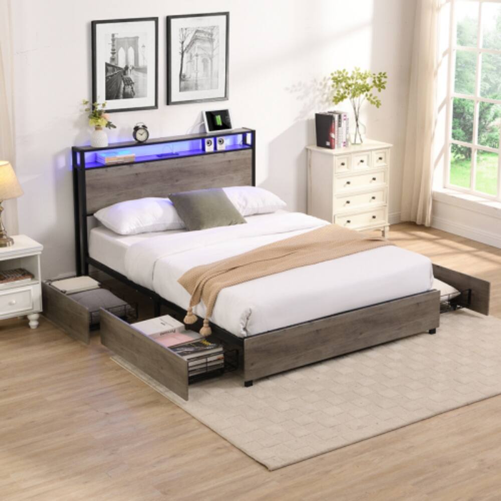 Angle. LUCKY ONE - Full Size Bed Frame with Storage Headboard, USB Charging Station, RGB LED Lights, 4 Drawers, No Box Spring Needed - Antique Gray.