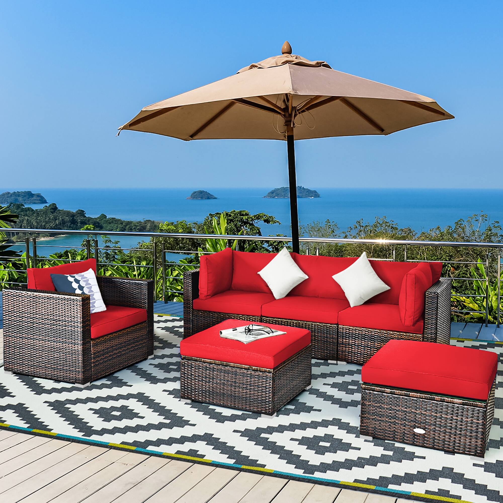 Alt View 3. Costway - 6PCS Patio Rattan Furniture Set Cushion Sofa Coffee Table Ottoman - Red.