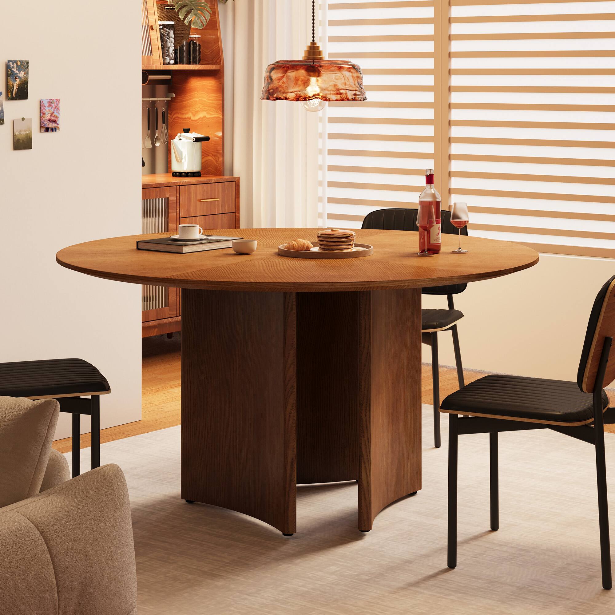 luck idea - Modern 59" Round Dining Table, Wood Veneer Starburst Top, Contemporary Pedestal Base Dining Room Table - Walnut color