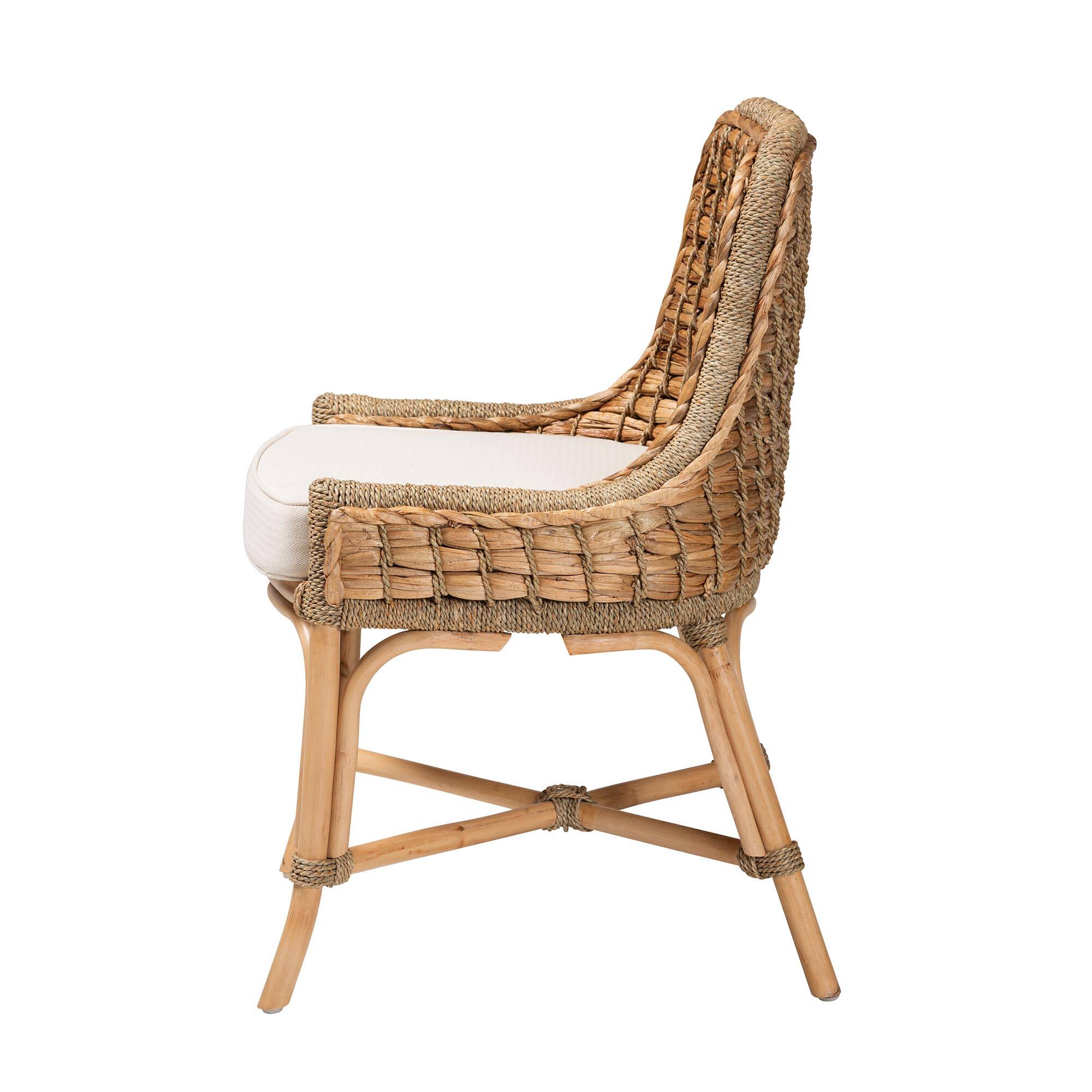 Left. bali & pari - Kyle Modern Bohemian Woven Rattan Dining Side Chair With Cushion - White/Natural Brown.