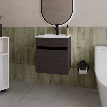 Front. Treevol Furniture - Single Door Vanity Sink Newell, One shelf, Wall Mounted, Black - Black.