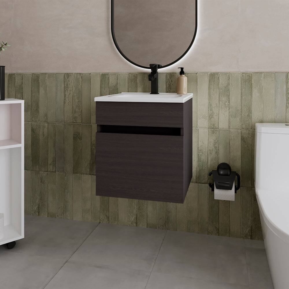 Front. Treevol Furniture - Single Door Vanity Sink Newell, One shelf, Wall Mounted, Black - Black.