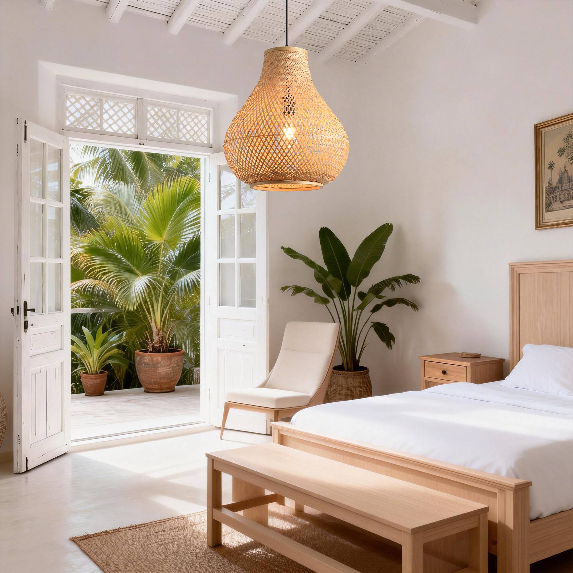 Back. Parrot Uncle - 1-Light Farmhouse Brown Fish Basket Shape Bamboo Hand-Woven Pendant Lamp.