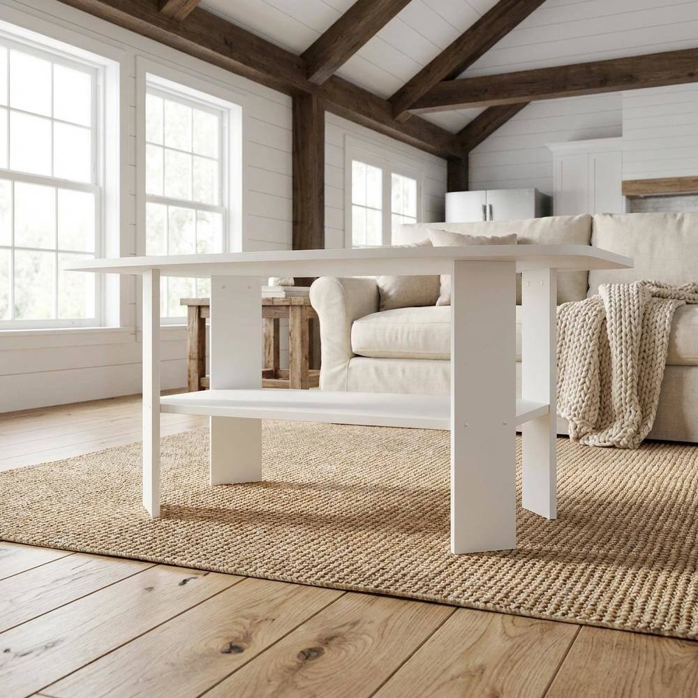 Angle. FurniFact - White Simple Design Coffee Table with Storage Shelf for Residential Use - White.