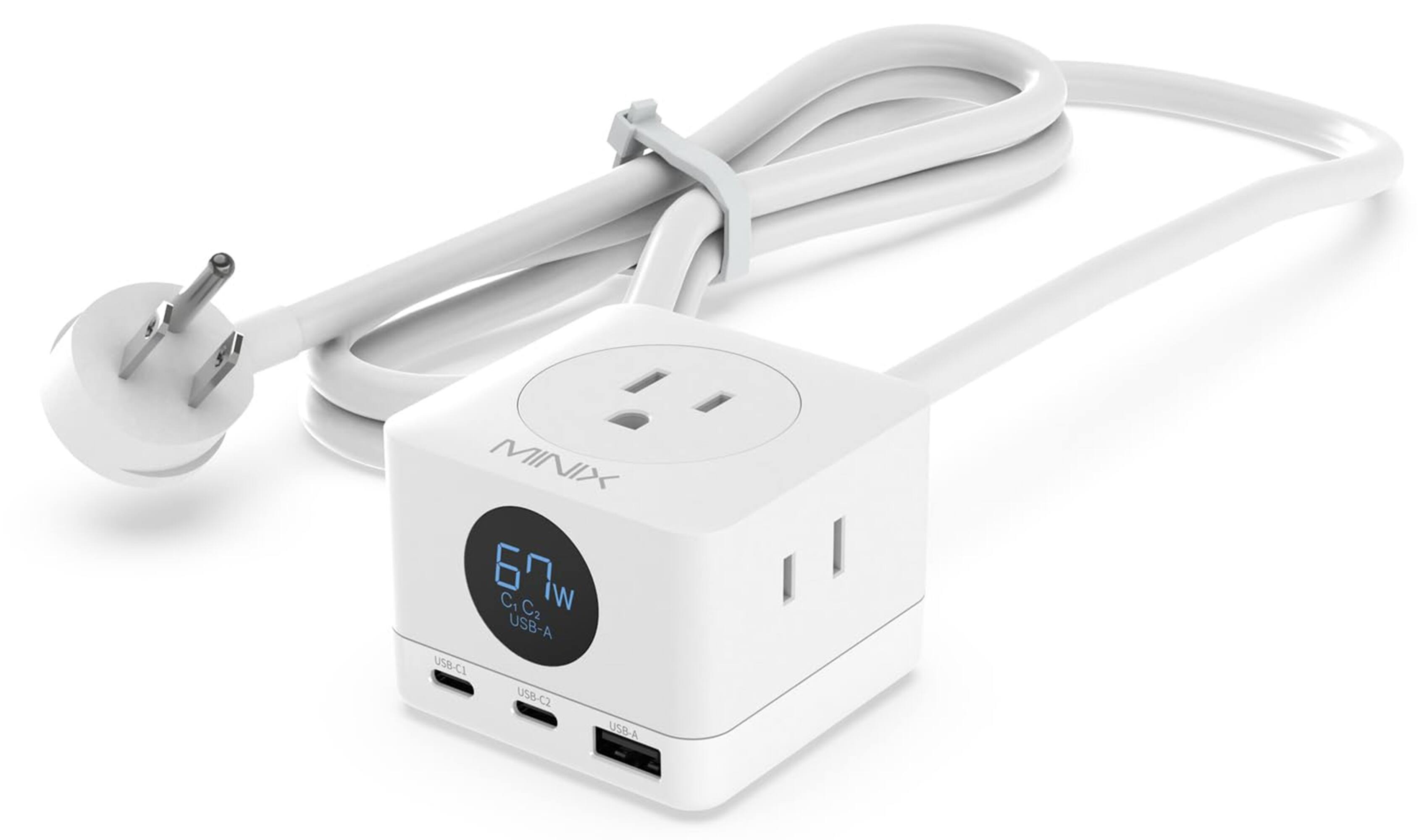 MINIX - PA6513U 67W USB C Charger with 3 Outlets, Gan 3-Port Compact Cube Fast Power Strip Surge Protection, 5ft Extension Cord - White
