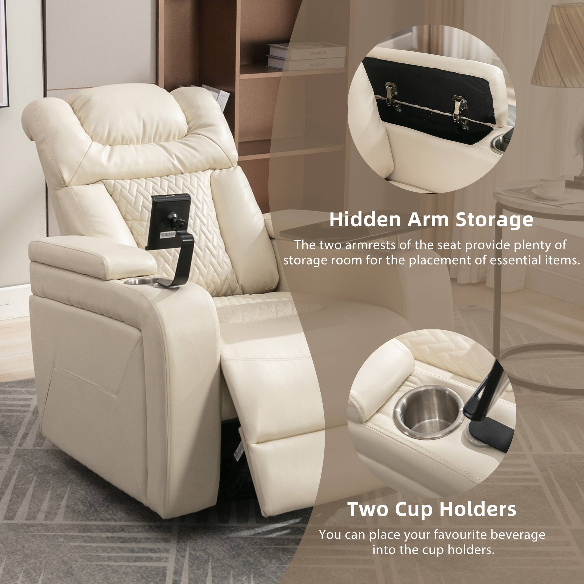 Hidden Arm Storage  
The two armrests of the seat provide plenty of storage room for the placement of essential items.

Two Cup Holders  
You can place your favourite beverage into the cup holders.