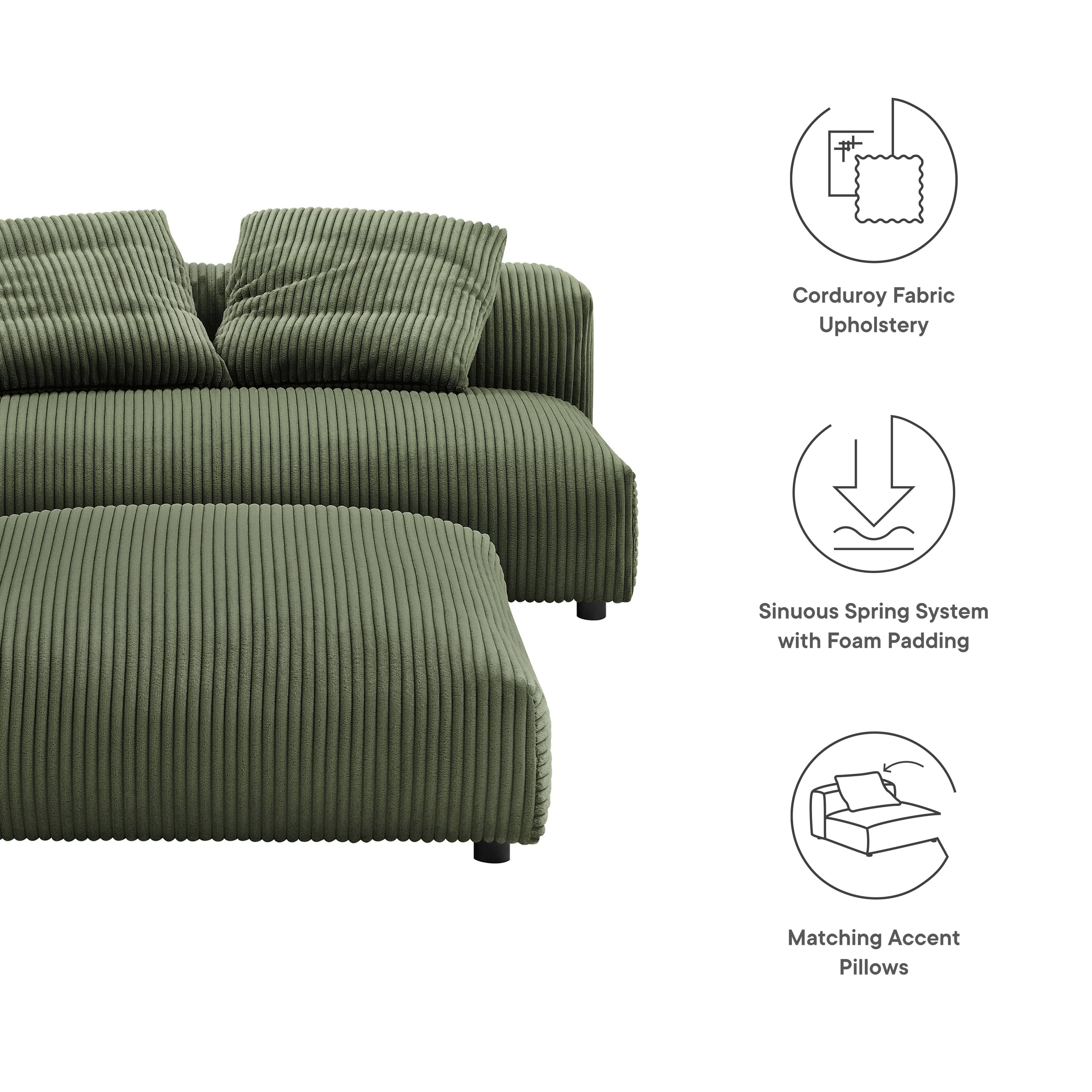 Corduroy Fabric Upholstery, Sinuous Spring System with Foam Padding, Matching Accent Pillows