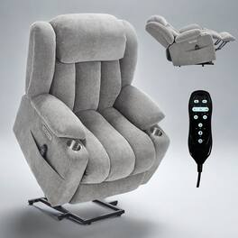 LUCKY ONE - Chenille Power Lift Recliner Chair with Massage and Heat, USB and Type C Ports, 2 Steel Cup Holders for Elderly - Light Gray