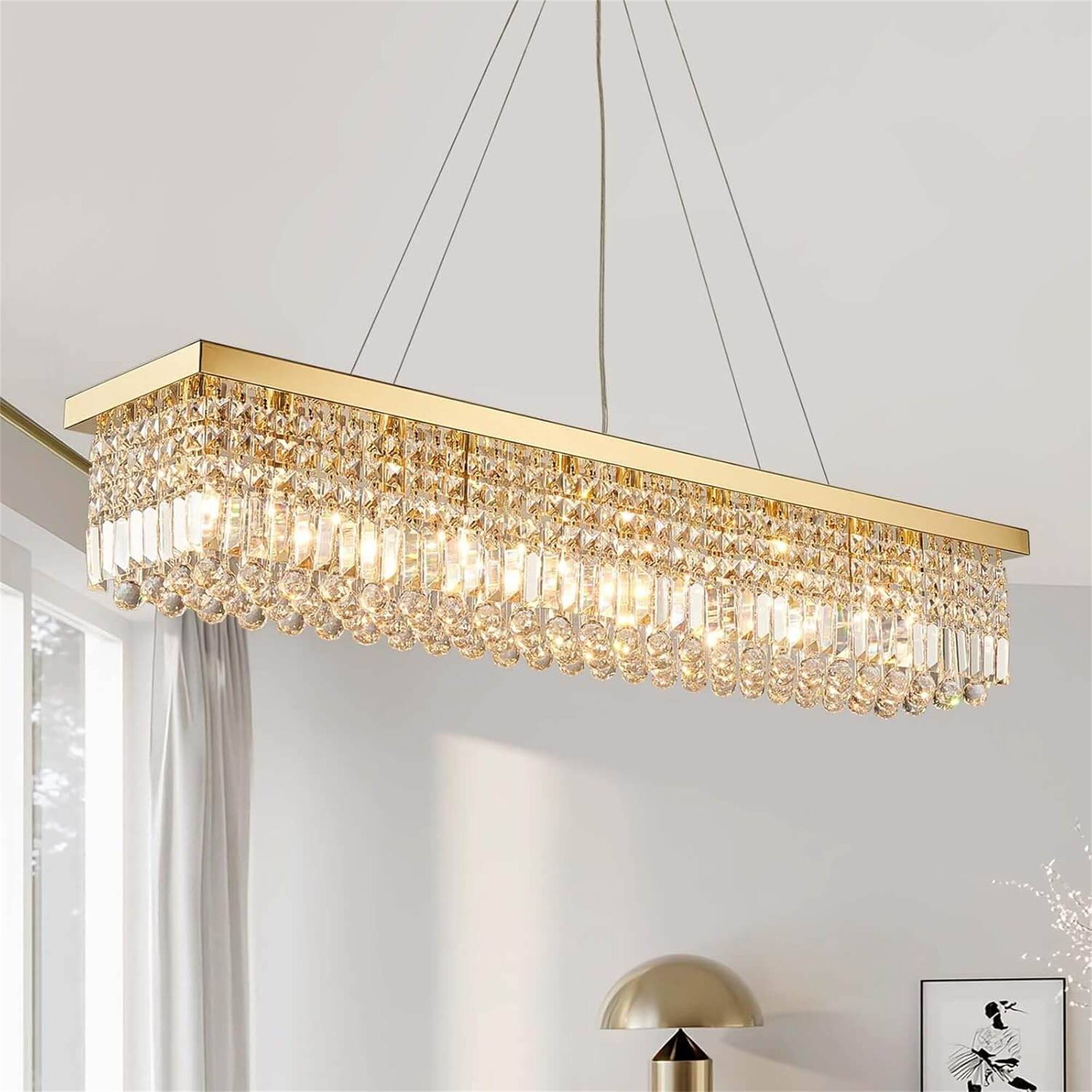 Alt View 2. Siljoy - 8-Light Gold Crystal Chandelier, Rectangular Flush Mount for Dining/Living Room & Kitchen Island - Gold.