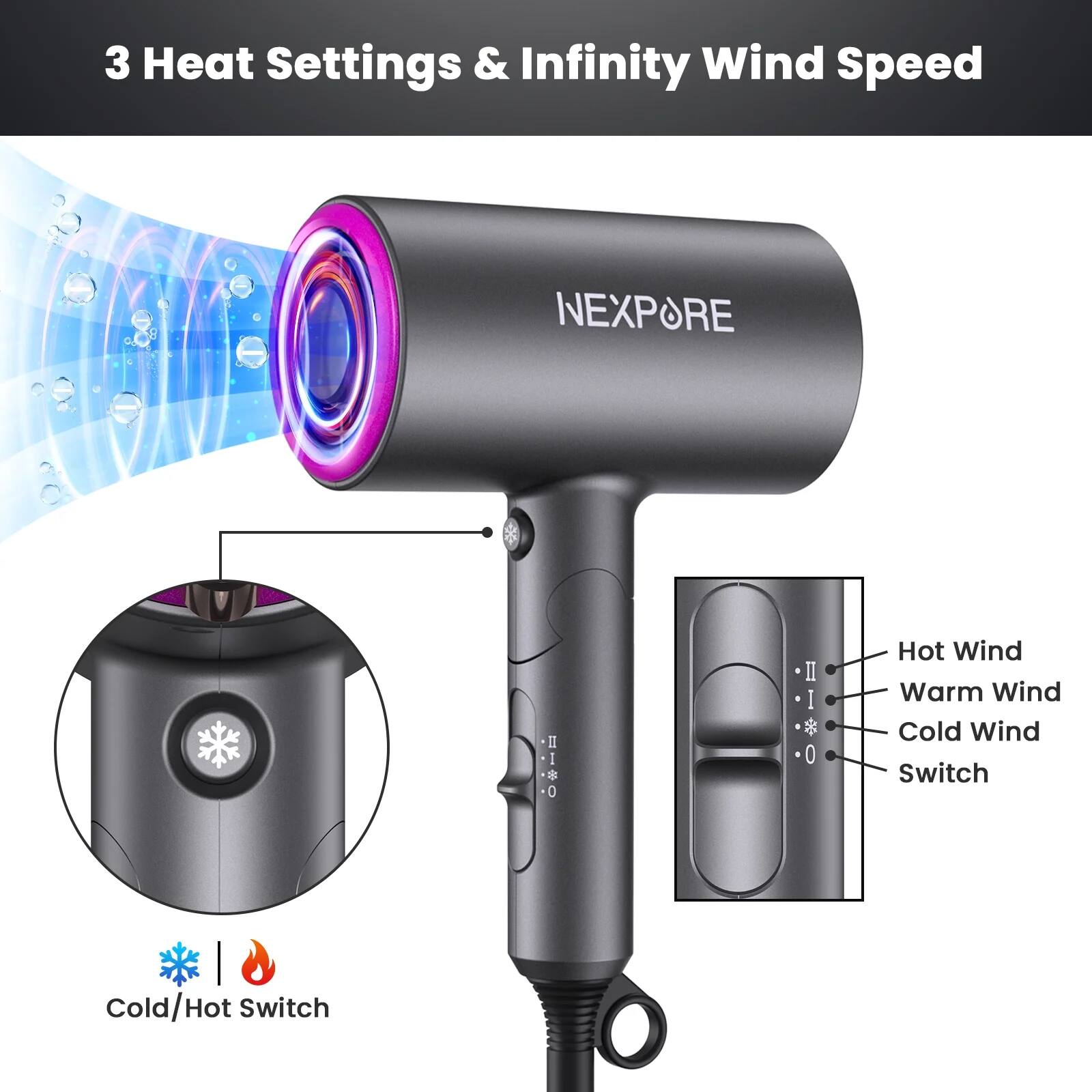 3 Heat Settings & Infinity Wind Speed

NEXPÖRE

Cold/Hot Switch

Hot Wind
Warm Wind
Cold Wind
Switch