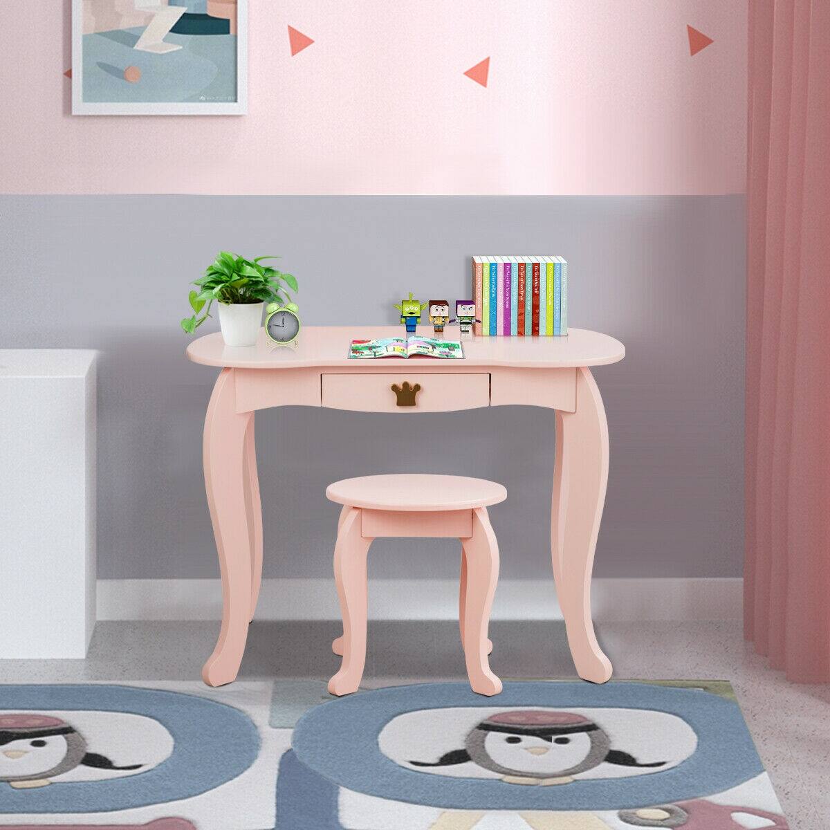 Alt View 4. SlickBlue - Kids Vanity Table with Stool and Tri-Fold Mirror for Pretend Makeup Play - Pink.