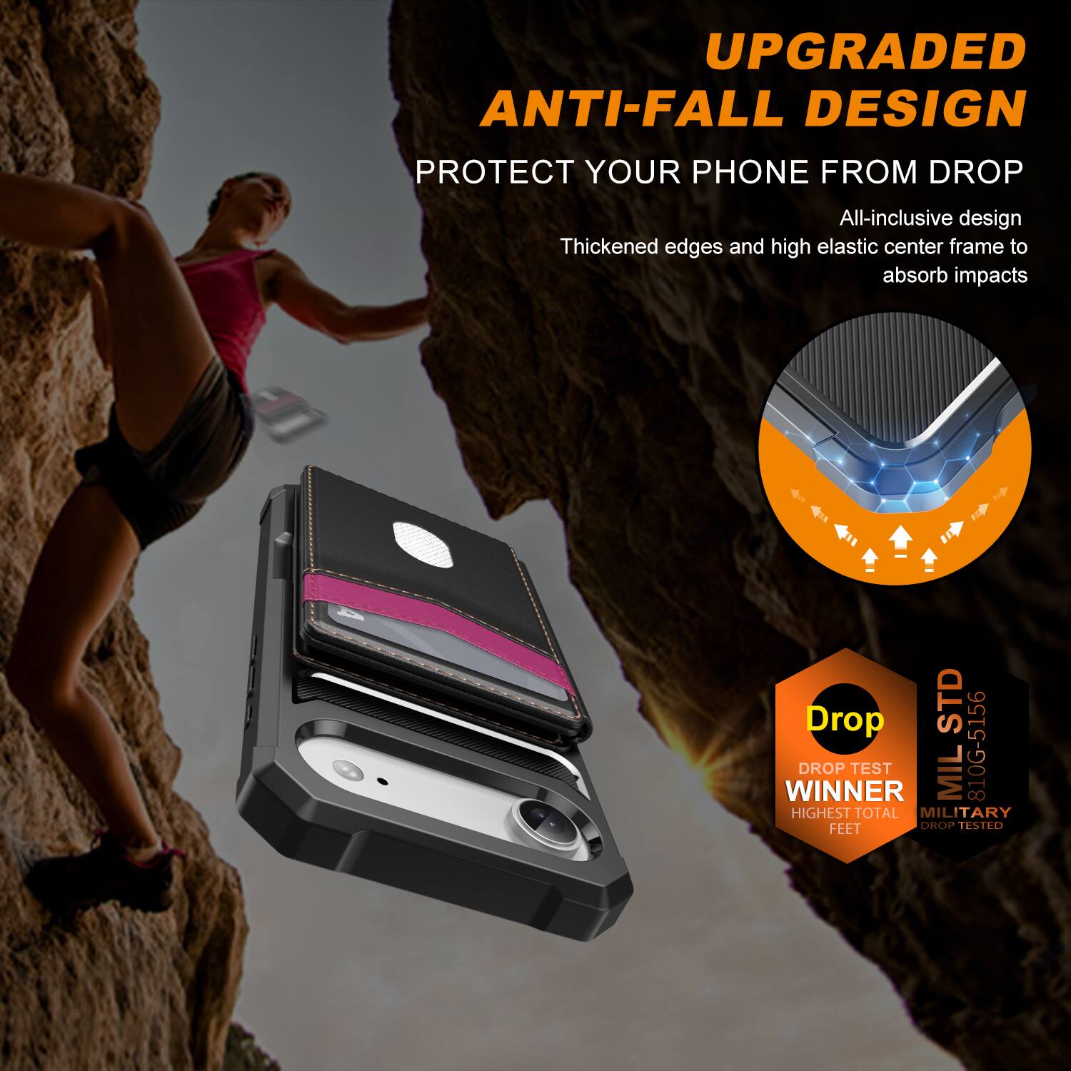 UPGRADED ANTI-FALL DESIGN  
PROTECT YOUR PHONE FROM DROP  

All-inclusive design  
Thickened edges and high elastic center frame to absorb impacts  

Drop TEST WINNER  
MIL 810G-5166  
HIGHEST TOTAL MILITARY FEET DROP TESTED