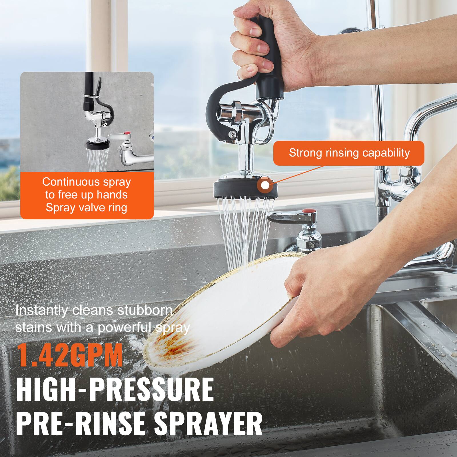 - Continuous spray to free up hands
- Spray valve ring
- Strong rinsing capability
- Instantly cleans stubborn stains with a powerful spray
- 1.42GPM
- HIGH-PRESSURE PRE-RINSE SPRAYER