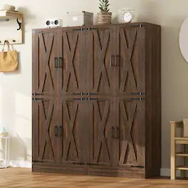 Aheaplus - 71'' Tall Farmhouse Pantry Storage Cabinet with 4 Barn Doors and Drawer, Cupboard with Adjustable Shelves, 2 Piece Set - Retro Brown