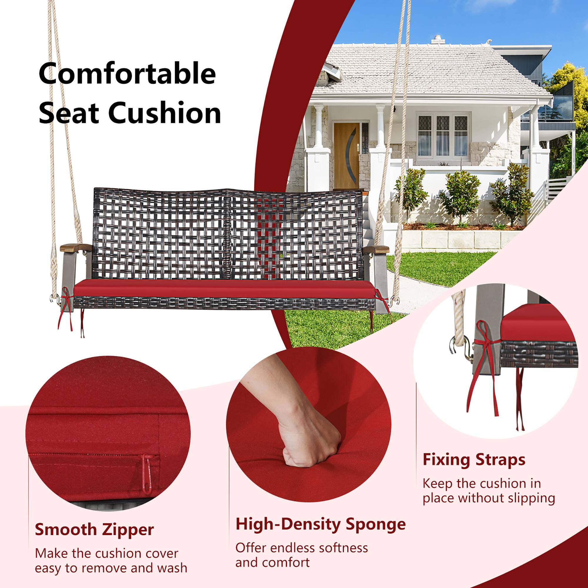 Comfortable Seat Cushion

Smooth Zipper  
Make the cushion cover easy to remove and wash

Fixing Straps  
Keep the cushion in place without slipping

High-Density Sponge  
Offer endless softness and comfort