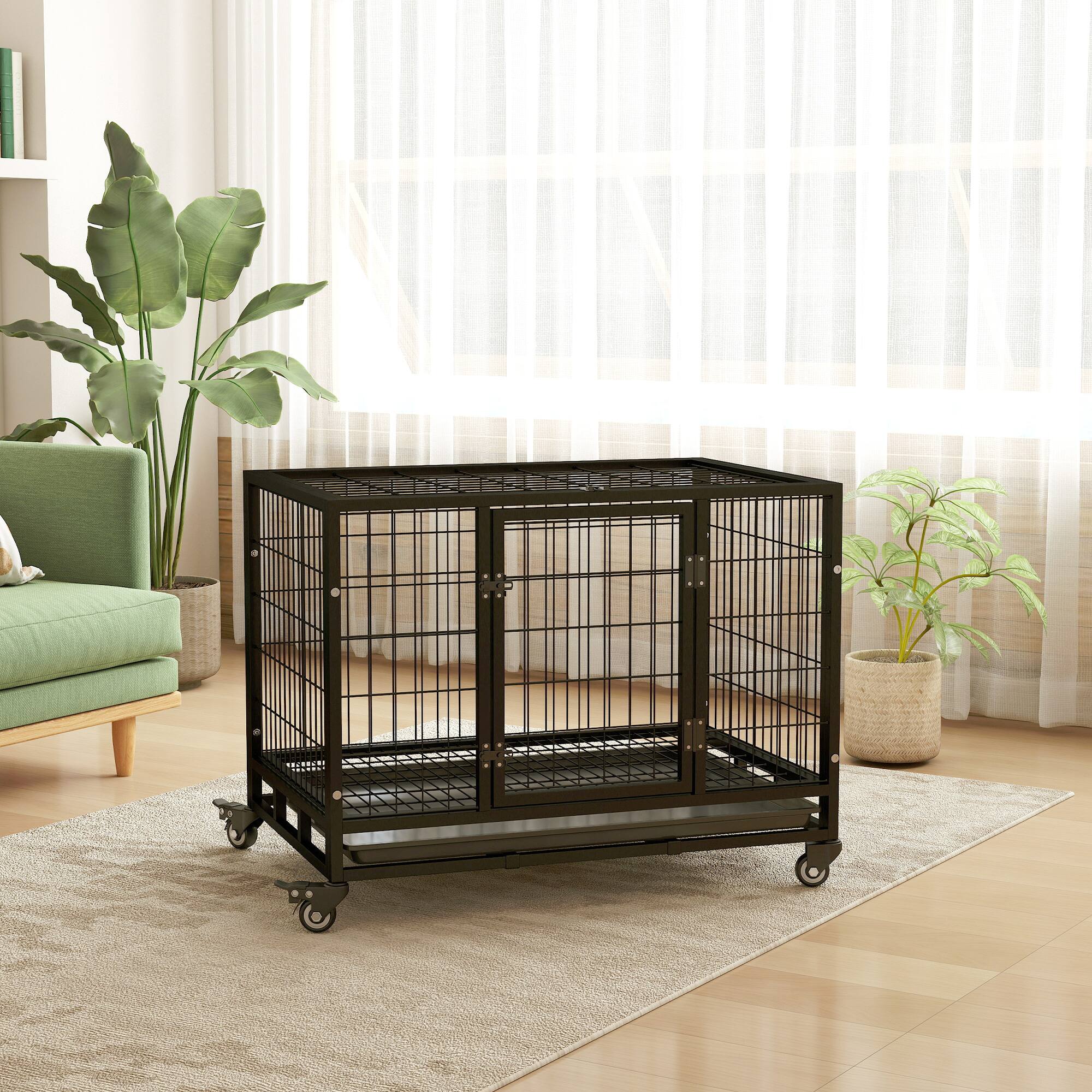 Alt View 7. Pawhut - Heavy Duty Dog Crate with Removable Tray, Lockable Wheels and Double Door.