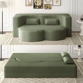 GOODSILO - Convertible Plush Corduroy Floor Sleeper Sofa with Dual Pillows for Living Room and Guest Use - Green