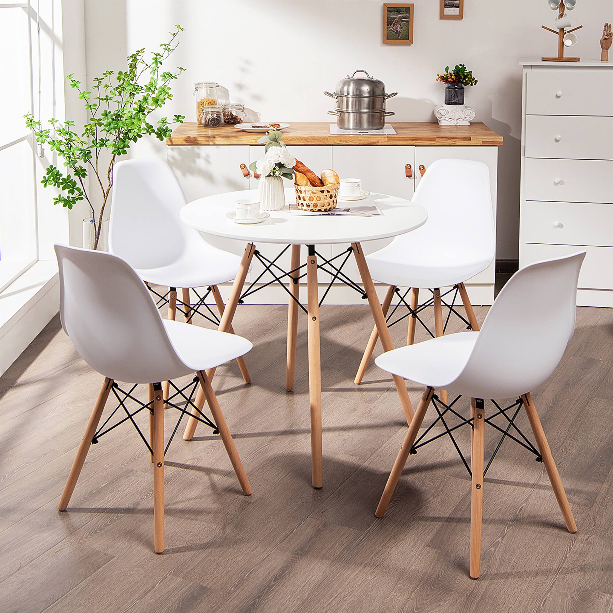 Angle. Costway - Dining Table Set Modern 5 PCS For 4 Round Dining Room Table Set W/Solid Wood Leg - White.