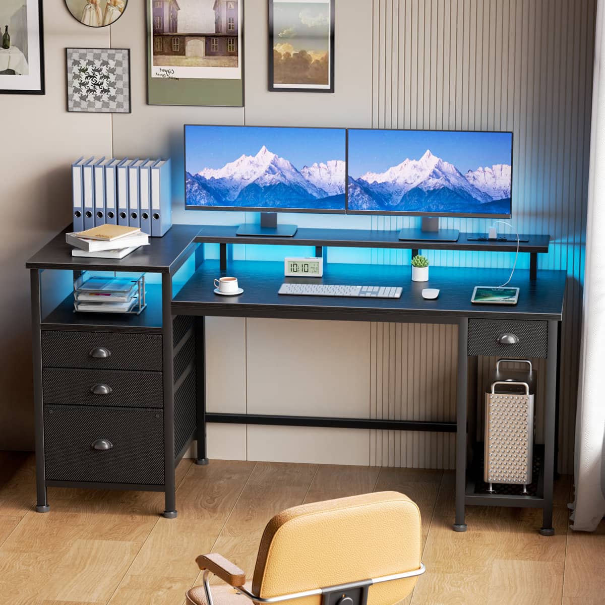 Furnulem - Gaming Desk with LED Lights Power Outlets Monitor Stand Home Office Desk with 3 Fabric Drawers 1 File Cabinet - Black