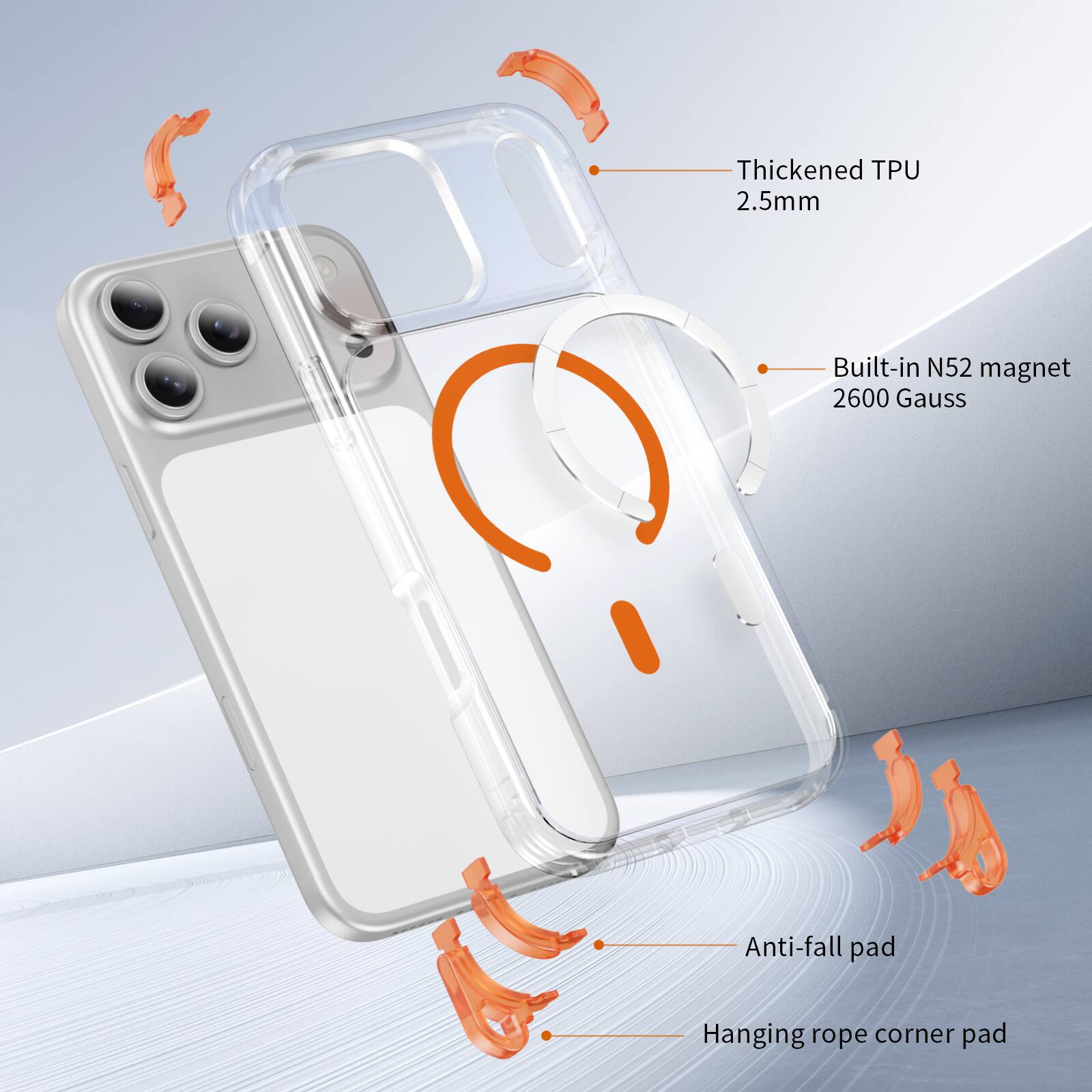 Thickened TPU 2.5mm  
Built-in N52 magnet 2600 Gauss  
Anti-fall pad  
Hanging rope corner pad