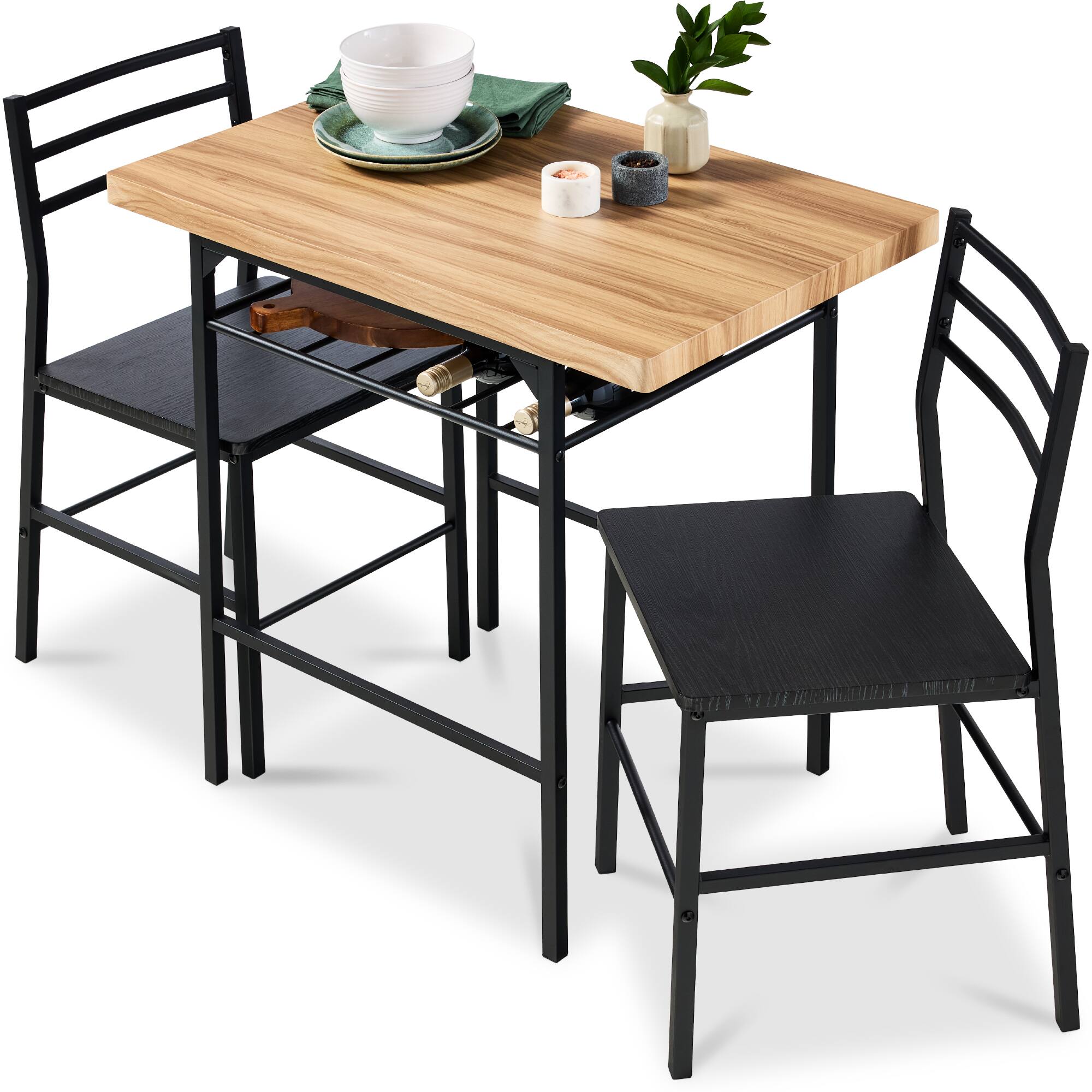Best Choice Products - 3-Piece Modern Dining Set, Square Table & Chairs Set w/ Steel Frame, Storage Rack - Oak/Black