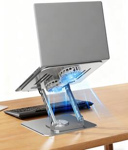 HongFei - Laptop Stand for Desk with Quiet Cooling Fans - 360 Rotating Base Ergonomic Aluminum Riser, Foldable Portable - Silver