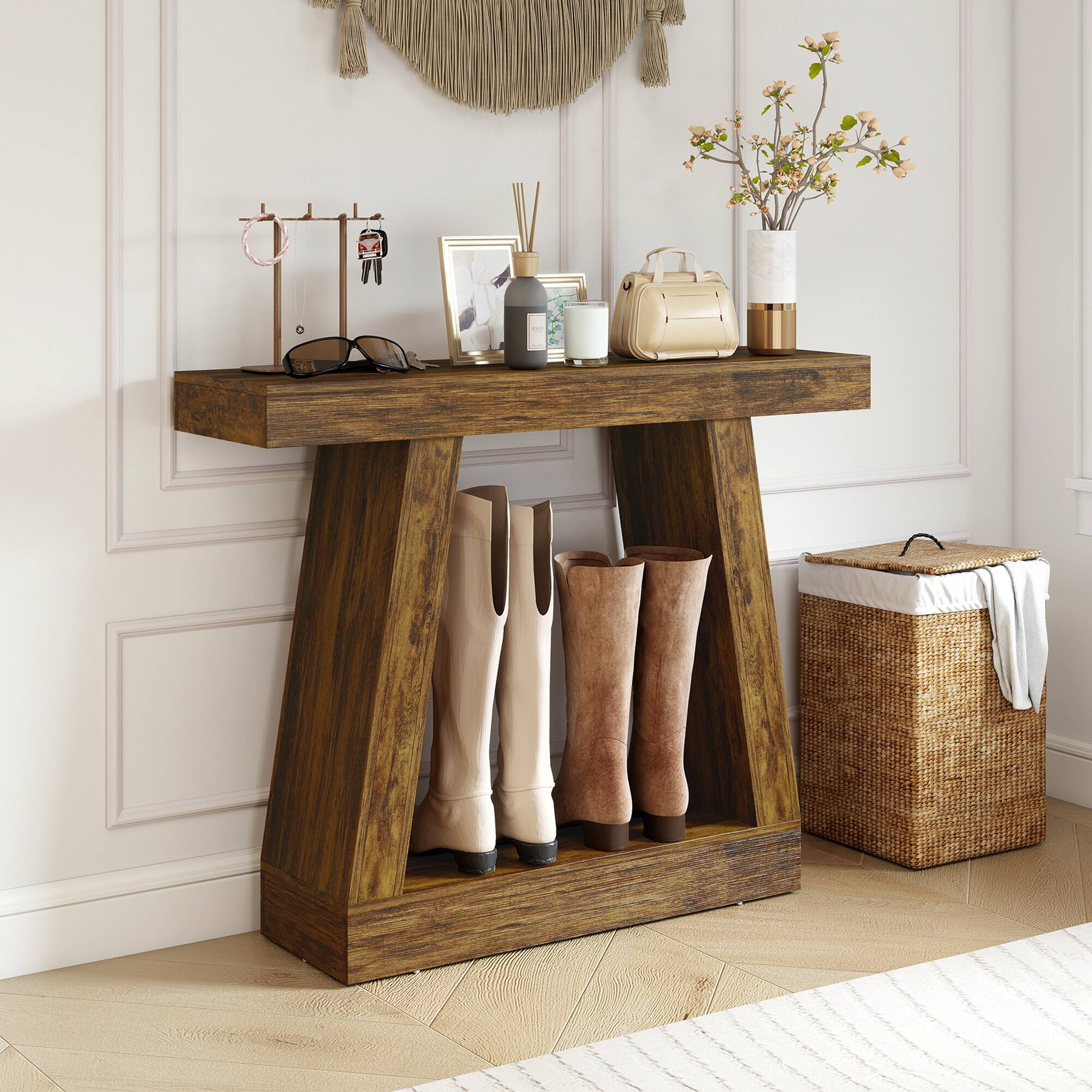 Alt View 1. Homcom - Farmhouse Console Table, 2-Tier Entryway Table with Storage for Hallway, Living Room, Behind Couch - Dark brown.