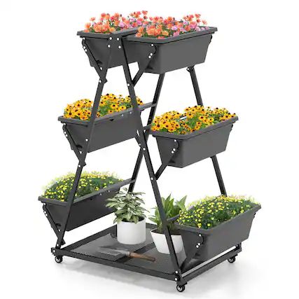 Front. Gymax - Gymax 3-tier Vertical Garden Planter Box w/ Lockable Wheels Drainage Holes for Patio - Black.