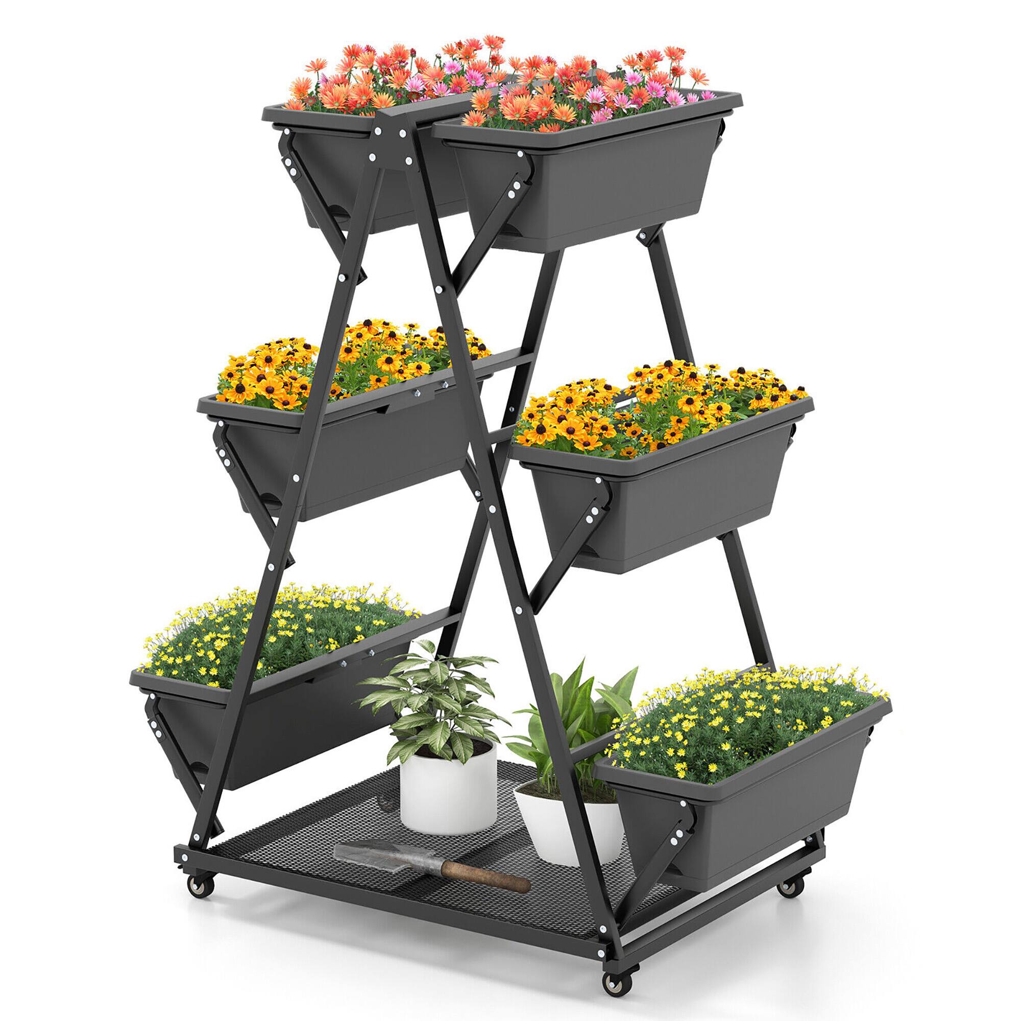 Front. Gymax - Gymax 3-tier Vertical Garden Planter Box w/ Lockable Wheels Drainage Holes for Patio - Black.