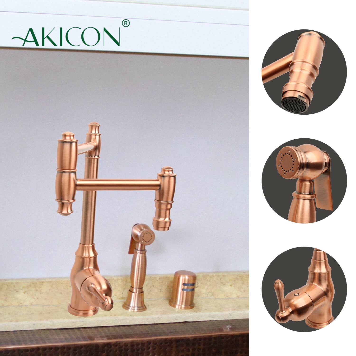 Alt View 2. Akicon - Akicon Solid Brass Single Handle Pot Filler Kitchen Faucet with Side Spray and Double Joint Swing Arms in Copper - Copper.