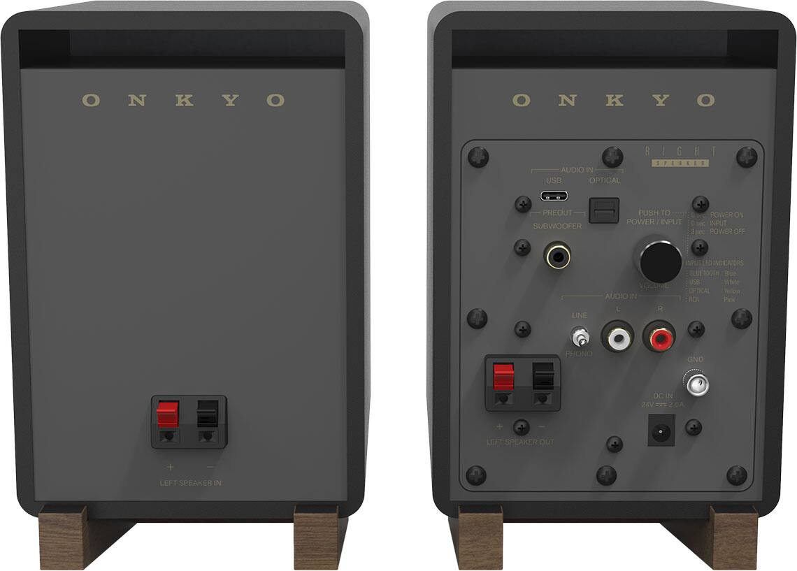 ONKYO N ONKYO O N K Y R BIGHT G I SPEAKER I , 1 1 I AUDIO IN USB OPTICAL PREOUT SUBWOOFER PUSH TO C POWER ON POWER INPUT 0 sec NPUT 3 sec POWER OFF LINE VOLD WE AUDIO IN L R NPUT ED INDICATORS BLUETOOTH Blue USB Whae OPTICAL Yellow ACA Pink PHONO GND DCIN 24V 2 3 OA LEFT SPEAKER OUT + LEF T SPEAKER N