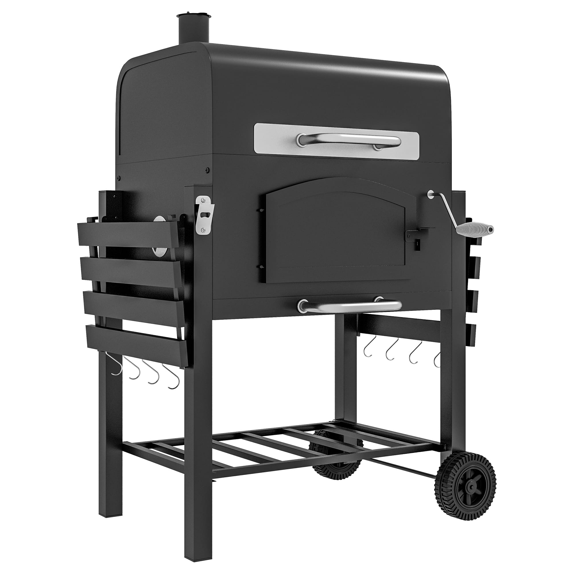 Chateau Abodes - Charcoal Grill with Adjustable Height, Folding Shelves & Thermometer, Portable BBQ with Wheels & Bottle Opener - Black