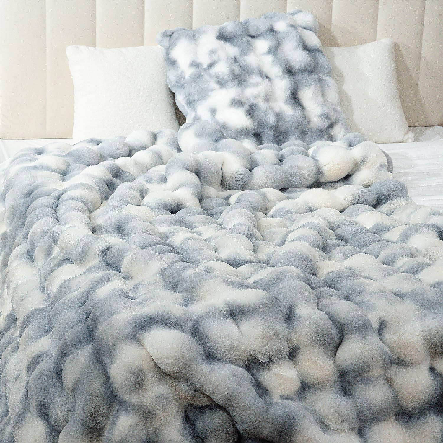Alt View 4. Alchemy Casas - Super Comfort Warm Thick sm Luxurious Plush Rabbit Faux Throw Blanket Fluffy Bubble Soft Cozy For Couch Chair - Blue White Throw(50" x 60").