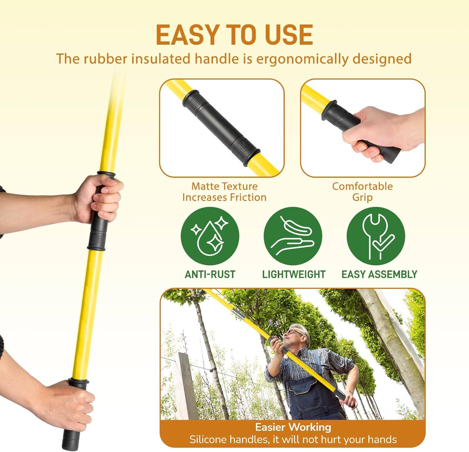 EASY TO USE  
The rubber insulated handle is ergonomically designed  
Matte Texture Increases Friction  
Comfortable Grip  
ANTI-RUST  
LIGHTWEIGHT  
EASY ASSEMBLY  
Easier Working  
Silicone handles, it will not hurt your hands
