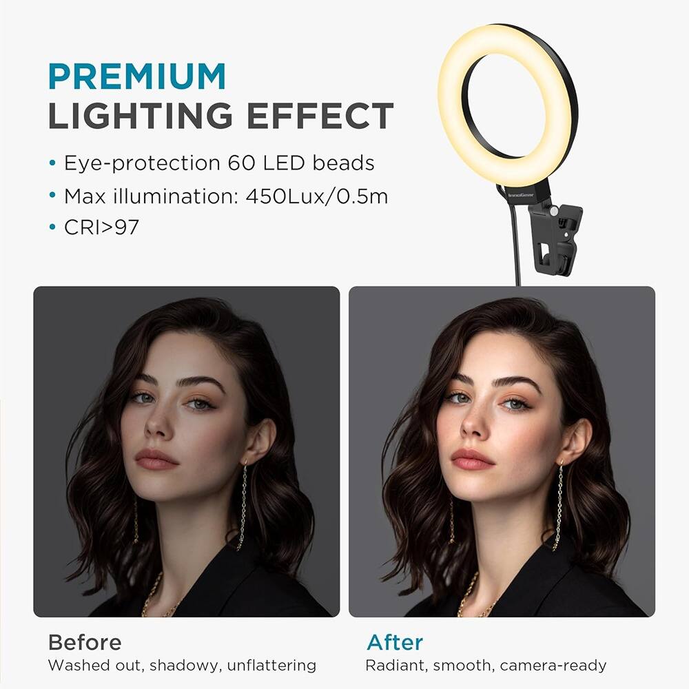**PREMIUM LIGHTING EFFECT**

- Eye-protection 60 LED beads
- Max illumination: 450Lux/0.5m
- CRI>97

**Before**
Washed out, shadowy, unflattering

**After**
Radiant, smooth, camera-ready