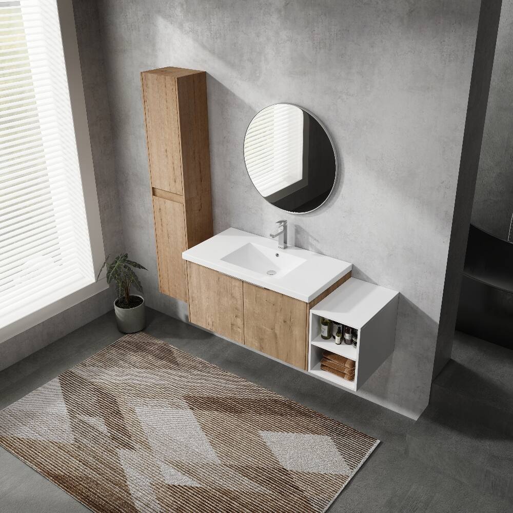 Back. Loheer - Loheer 48 inch wall mounted bathroom vanity with side cabinet, imitative oak - Imitative Oak.