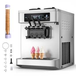 VEVOR - Commercial Ice Cream Machine, 20-28L/H Yield, 2200W 3-Flavor Countertop Soft Serve Ice Cream Maker with 2 x 6L Hoppers - Silver