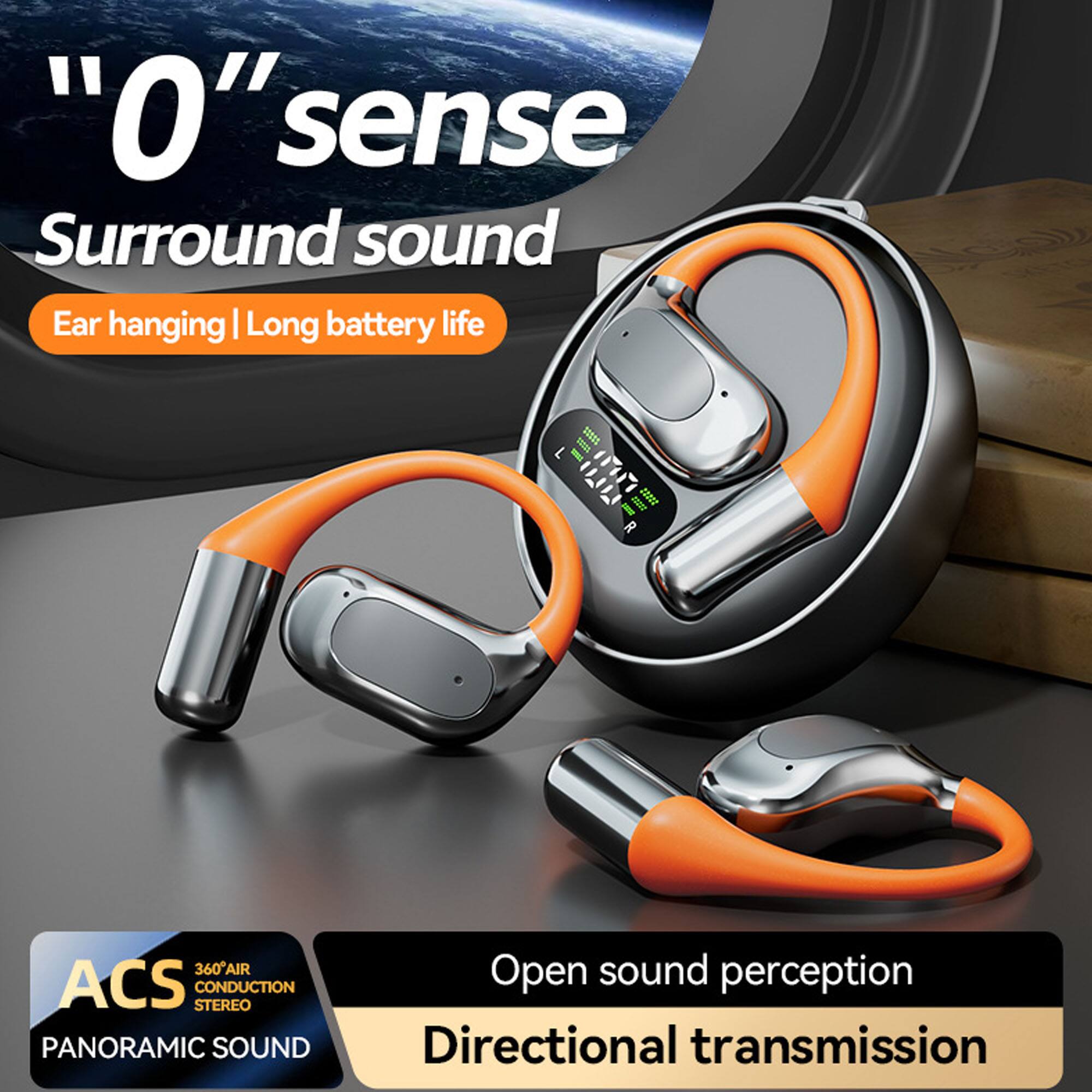 "0" sense  
Surround sound  
Ear hanging | Long battery life  

ACS  
360° AIR CONDUCTION STEREO  
PANORAMIC SOUND  

Open sound perception  
Directional transmission