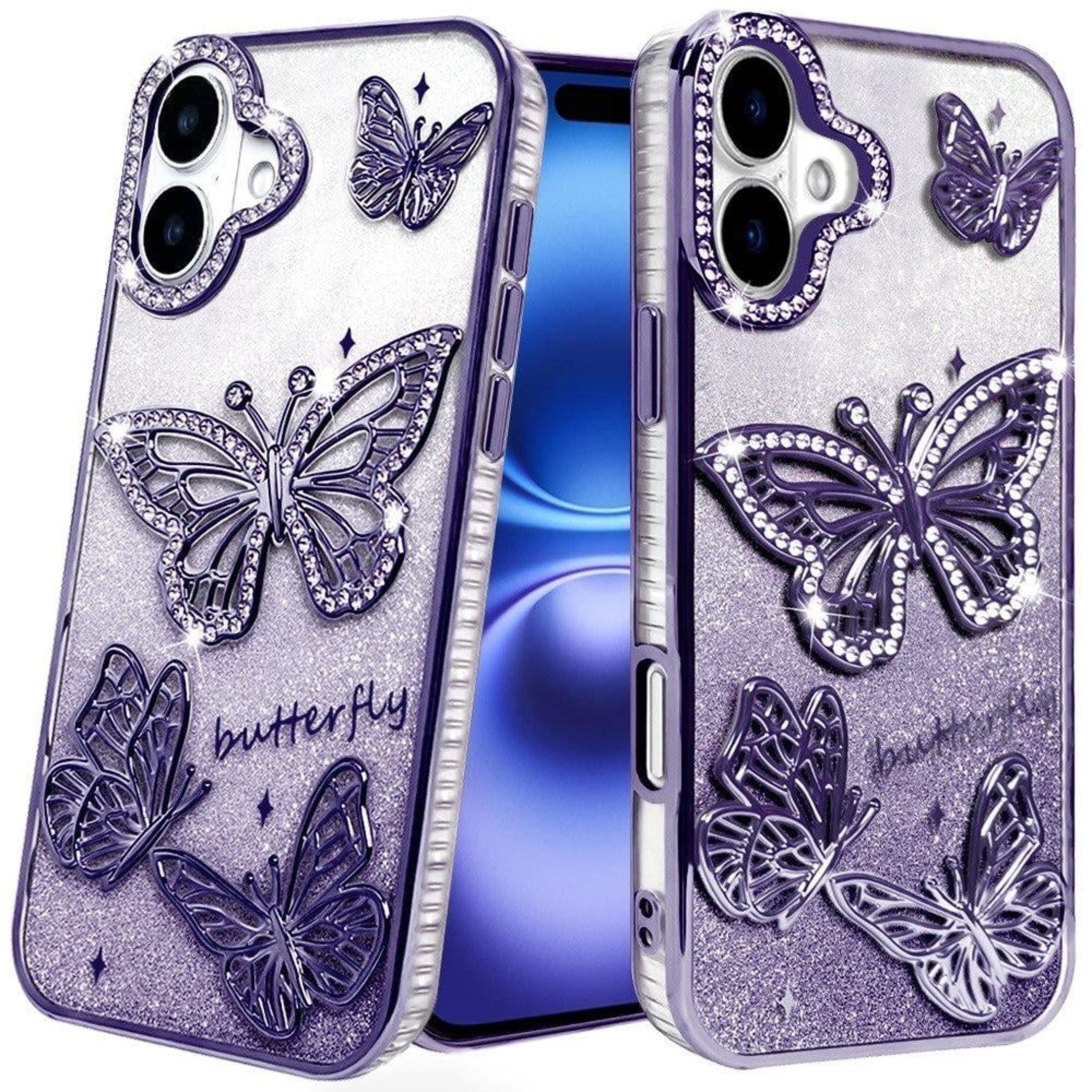 Kitcheniva - Bling Butterflies 3D Glitter Phone Cover Plus Tempered Glass For iPhone 17 - Purple price history on PriceWatchPro