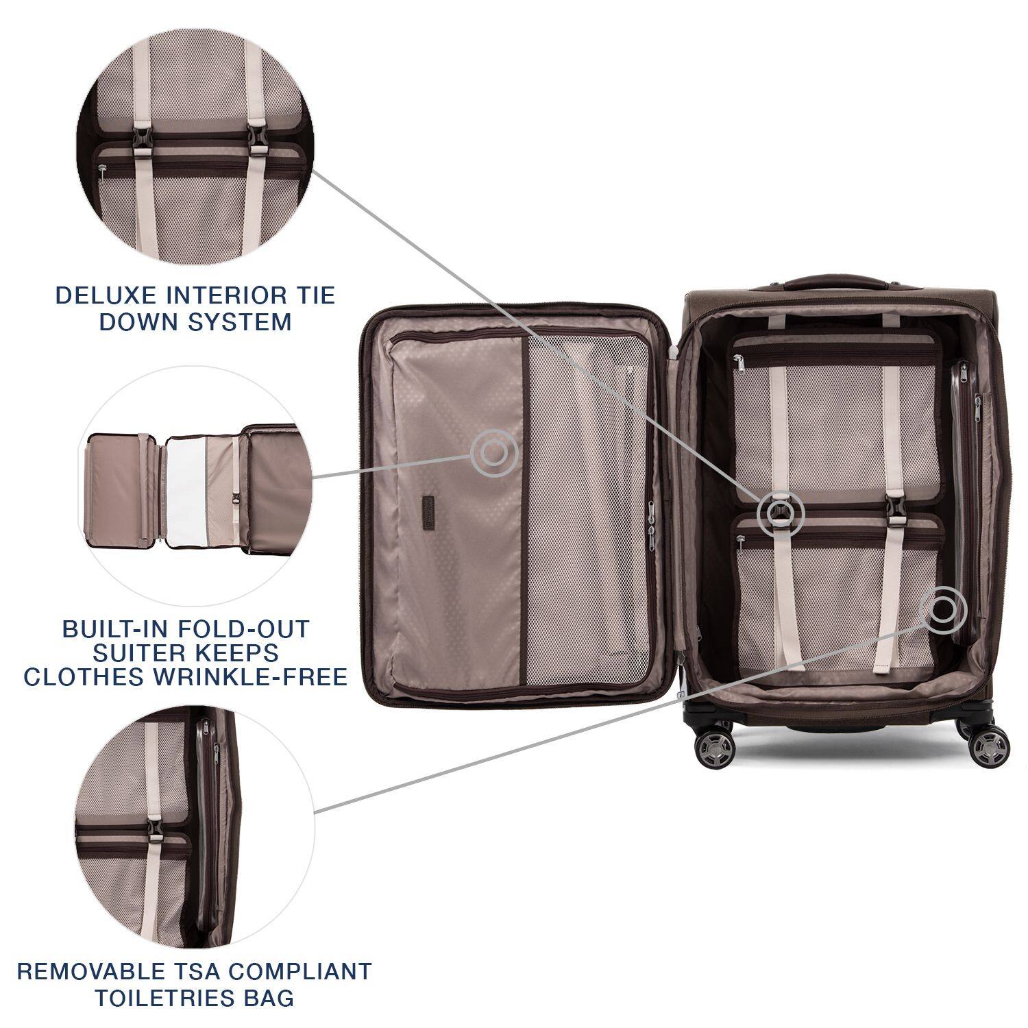 DELUXE INTERIOR TIE DOWN SYSTEM  
BUILT-IN FOLD-OUT SUITER KEEPS CLOTHES WRINKLE-FREE  
REMOVABLE TSA COMPLIANT TOILETRIES BAG