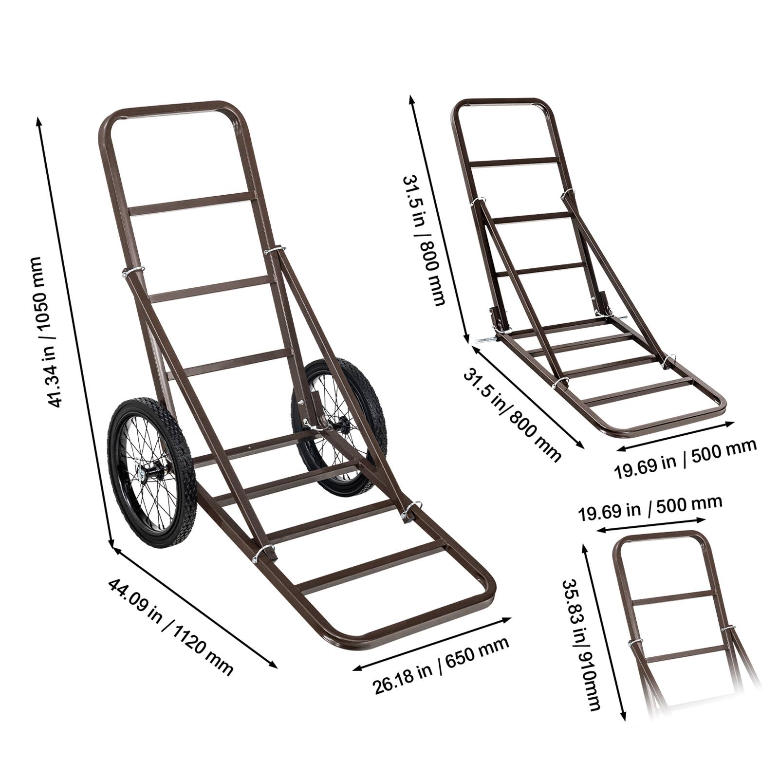 - Height: 41.34 in / 1050 mm
- Width: 44.09 in / 1120 mm
- Depth: 31.5 in / 800 mm
- Wheelbase: 19.69 in / 500 mm
- Wheel Diameter: 35.83 in / 910 mm
