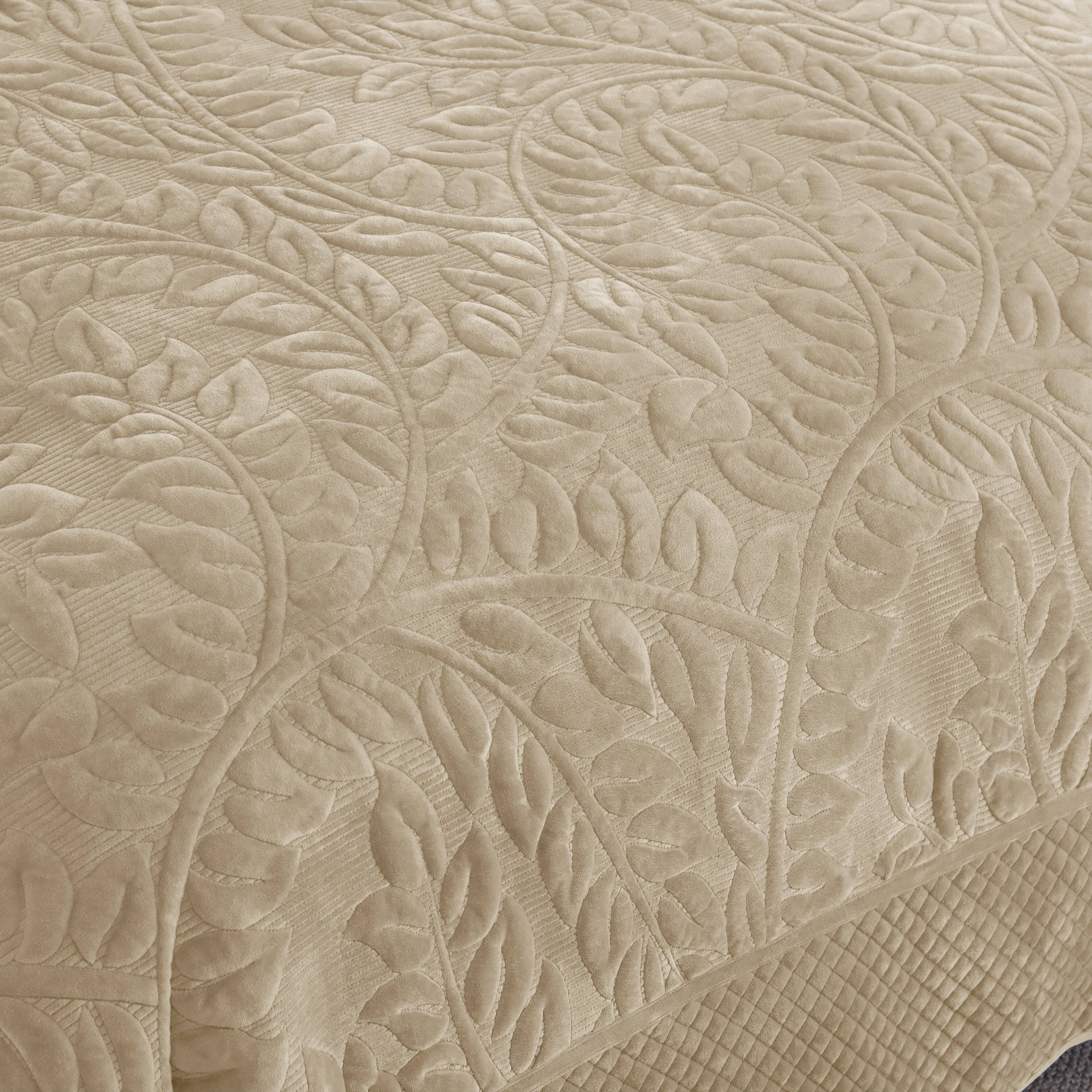 Back. MarCielo - Marcielo 3Pc Luxury Velvet Oversized Embroidery Soft and Plush Quilt Set - Beige Khaki.