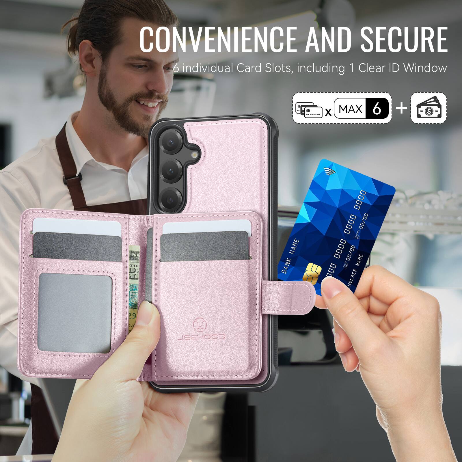 CONVENIENCE AND SECURE  
6 individual Card Slots, including 1 Clear ID Window  
MAX 6 +  

BANK NAME  
0000 0000 0000 0000  
VALID 00/00  

NAME  
D00 HOLDER  
29 COOMBEL